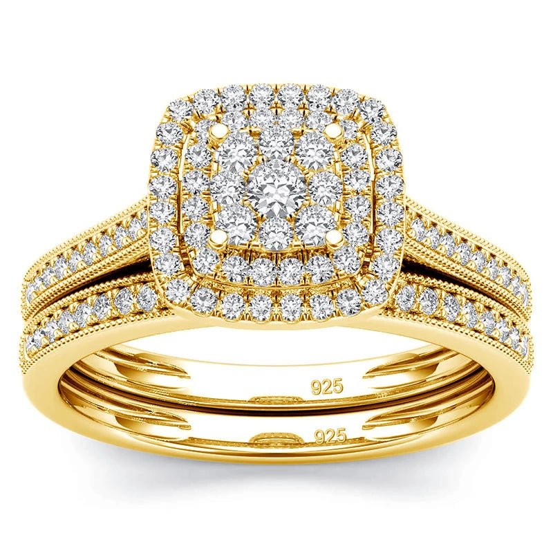2PCS Yellow Gold Moissanite Engagement Rings set For Women 100% Real Pass Diamond Tester Wedding Band Jewelry Lover Couple Gifts - Xprespick