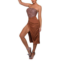 Elegant Brown Silk Evening Dress with Sequins