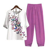 Harajuku Vintage Pattern Print 2pcs Top Pullover & Straight Pants Suit