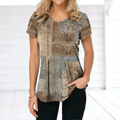 Women's T-shirt Plaid Print Tees Patchwork Clothes O Neck Short Sleeve Blouse