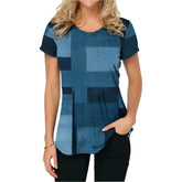Women's T-shirt Plaid Print Tees Patchwork Clothes O Neck Short Sleeve Blouse