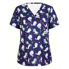 Medical Nursing Uniform Cute Animals Print V-Neck Short Sleeve T Shirt