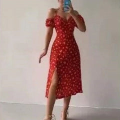 Women Elegant Off Shoulder V Neck Long Dress Sling Ruffle Strapless Slit Party Dress