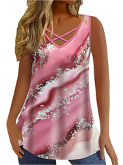 Marble Print Tank Top Casual Criss Cross Sleeveless V Neck Top For Summer & Spring Women Clothing - Xprespick