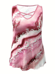 Marble Print Tank Top Casual Criss Cross Sleeveless V Neck Top For Summer & Spring Women Clothing - Xprespick