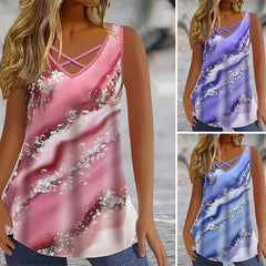 Marble Print Tank Top Casual Criss Cross Sleeveless V Neck Top For Summer & Spring Women Clothing - Xprespick