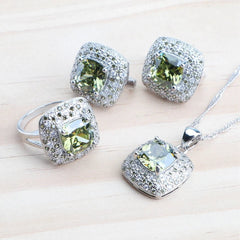 Olive Zircon 925 Silver Bridal Jewelry Sets Bracelets Rings Costume Jewelry Earrings Pendant Necklace For Women Wedding Set - Xprespick