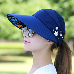 Hats for Women Foldable Sun Hat Pearl Flower Visor Suncreen Floppy Cap