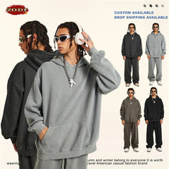 ZODF 2024 Winter Men's Washed Fleece Hoodies Unisex Women Retro Loose Warm 332gsm Hooded Pullovers Sweatshirts HY0870 - Xprespick