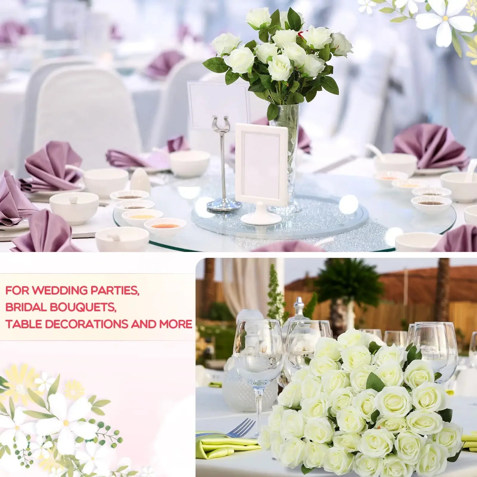 10 - 200PCS Artificial Rose Flower Silk White Rose Realistic Fake Roses with Long Stems for Party Home Wedding Valentine Birthday - Xprespick