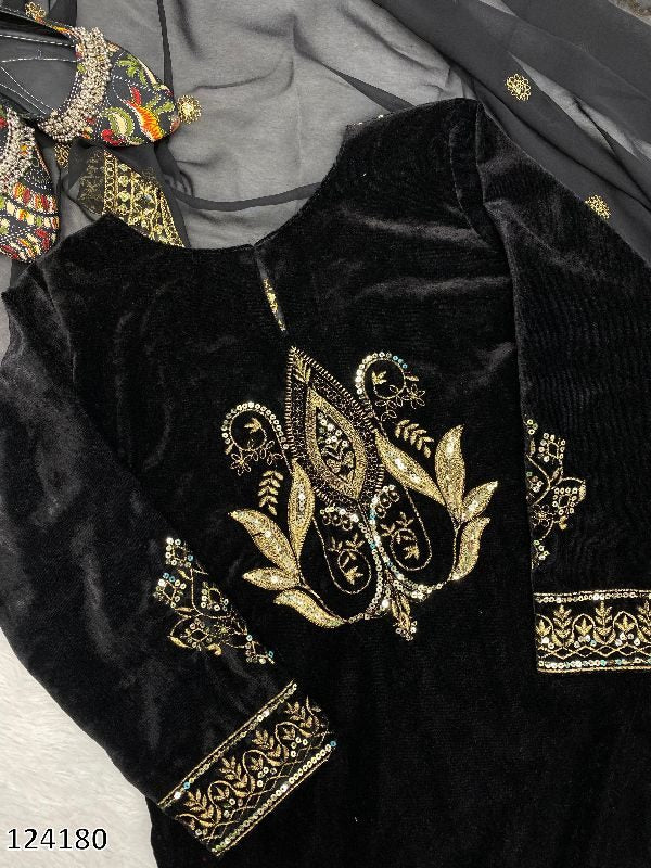Winter Season Make Adorable Ur Function Wear A Velvet Sequence Embroidery Work Top With Pant And Dupatta