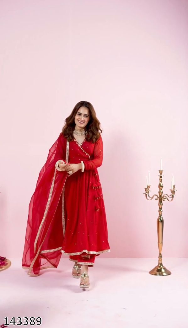Georgette Afghani Style Red Anarkali Kurti