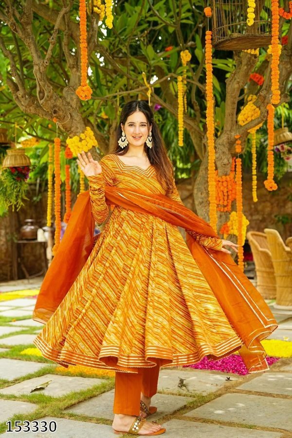 Mustard Lehariya Anarkali Kurti Pair Set