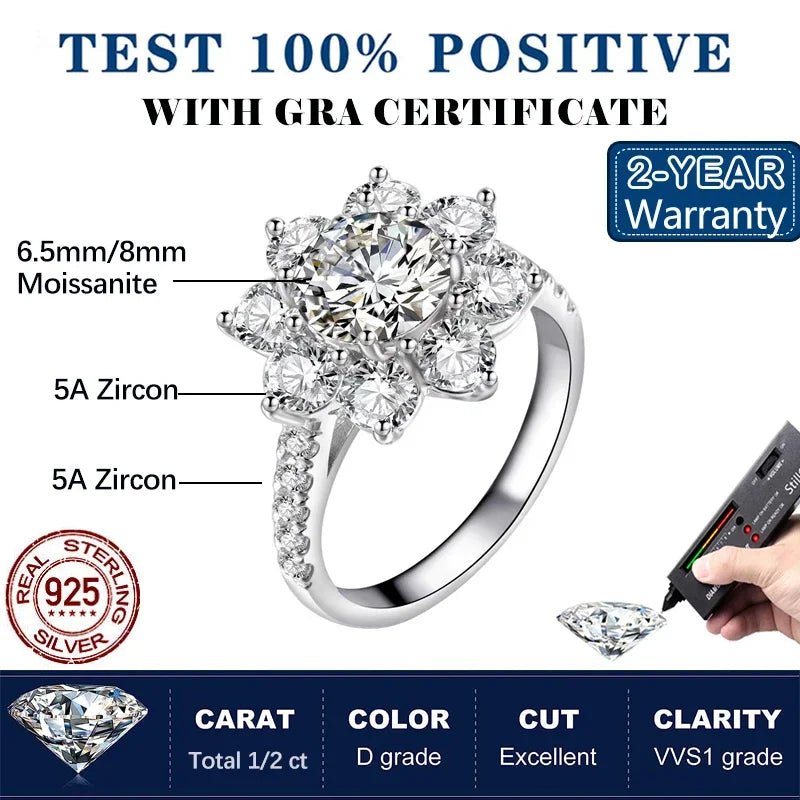 2 Carat Sunflower Real Moissanite Engagement Rings For Women 925 Sterling Silver 18K White Gold Plated Wedding Band with GRA - Xprespick