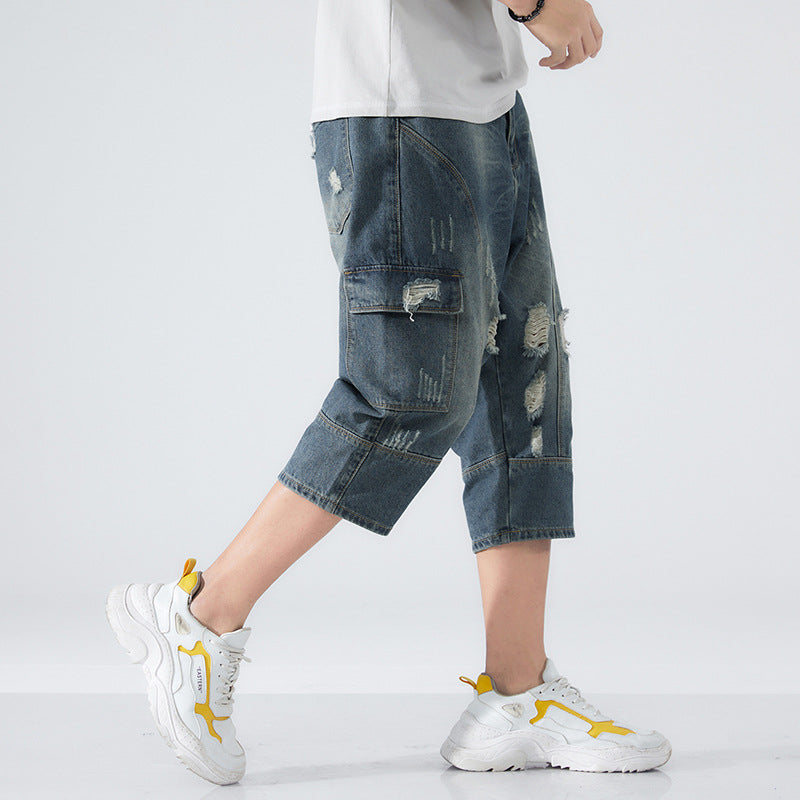 Men's Loose Elastic Waist Printed Cropped Jeans