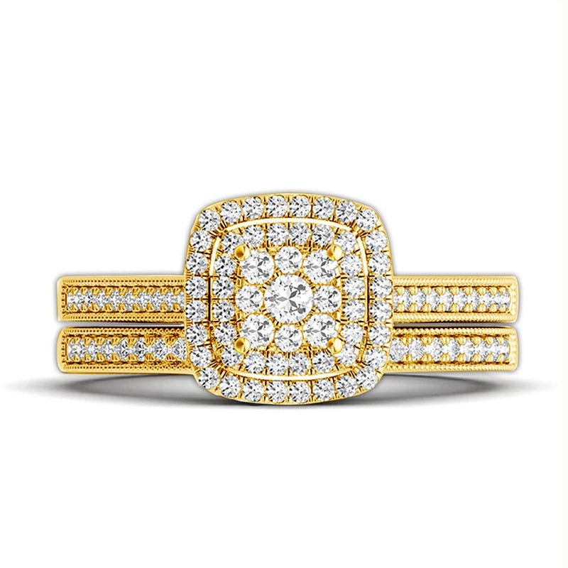 2PCS Yellow Gold Moissanite Engagement Rings set For Women 100% Real Pass Diamond Tester Wedding Band Jewelry Lover Couple Gifts - Xprespick
