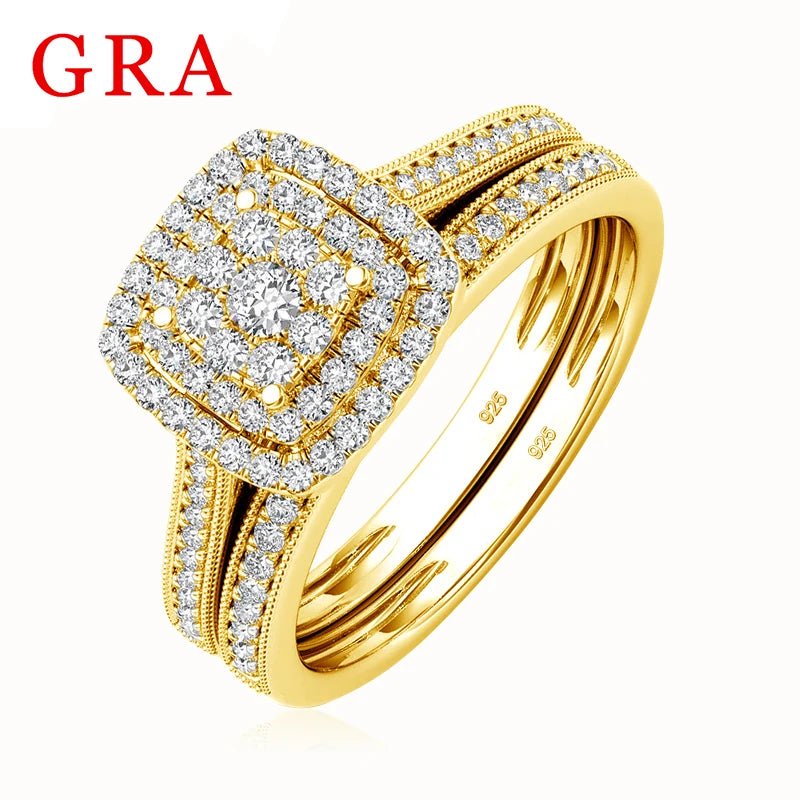 2PCS Yellow Gold Moissanite Engagement Rings set For Women 100% Real Pass Diamond Tester Wedding Band Jewelry Lover Couple Gifts - Xprespick