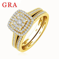 2PCS Yellow Gold Moissanite Engagement Rings set For Women 100% Real Pass Diamond Tester Wedding Band Jewelry Lover Couple Gifts - Xprespick