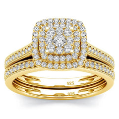 2PCS Yellow Gold Moissanite Engagement Rings set For Women 100% Real Pass Diamond Tester Wedding Band Jewelry Lover Couple Gifts - Xprespick