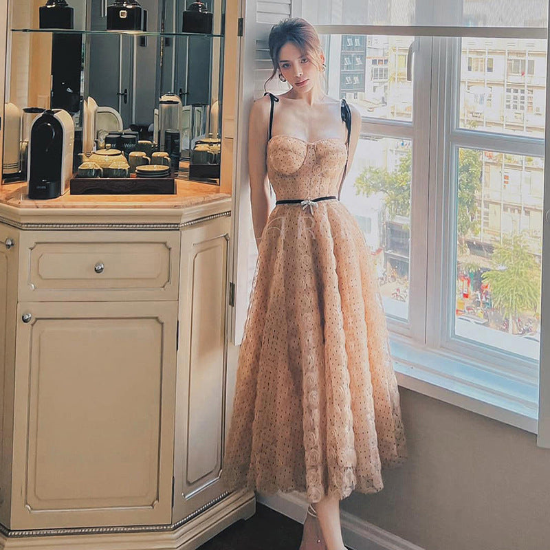 Stylish Off-White V-Neck High Waist Polyester Dress for Women