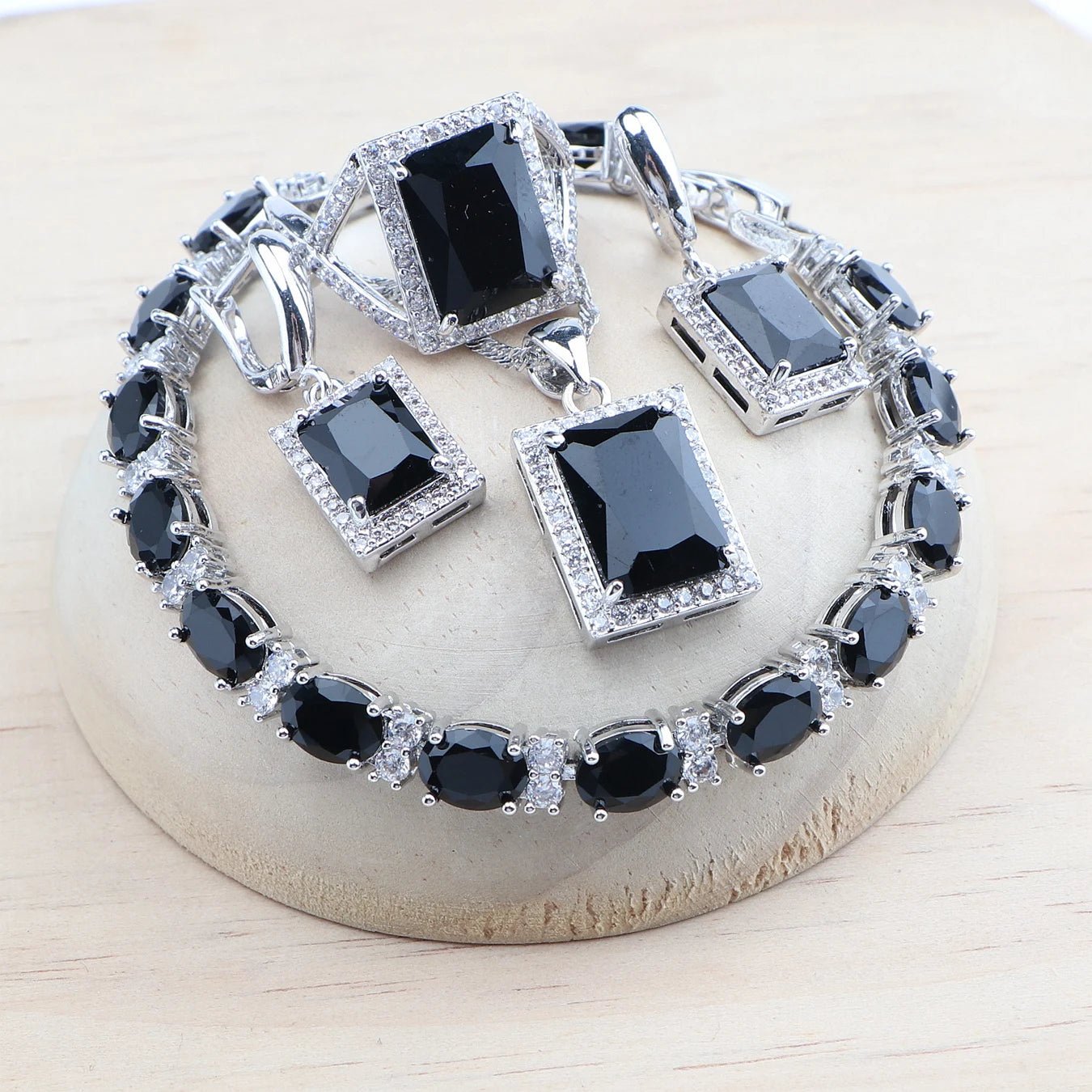 925 Silver Bridal Jewelry Sets Wedding Black Zircon Bracelets Earrings Rings Pendant Necklace Set For Women - Xprespick
