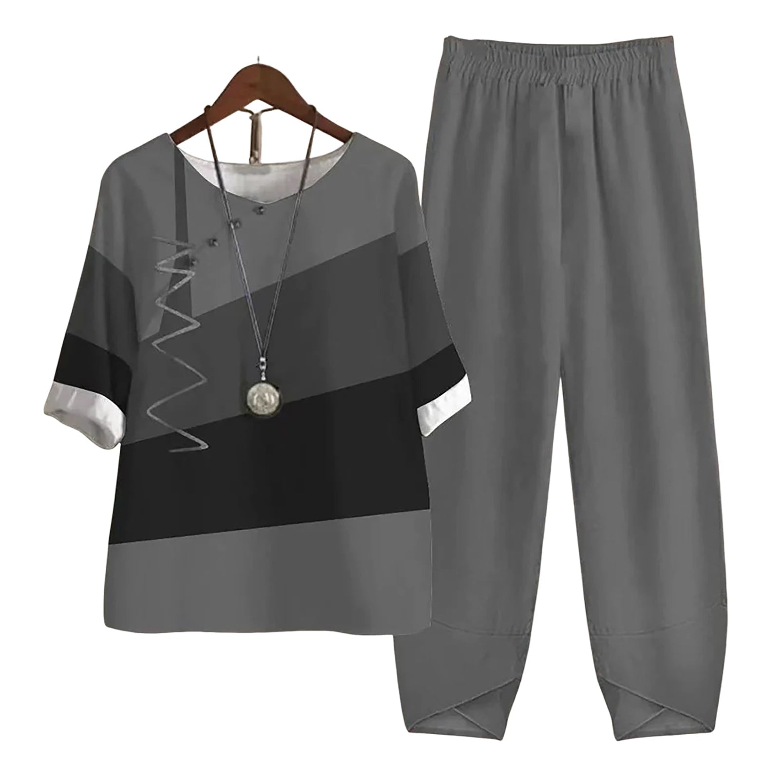 Harajuku Vintage Pattern Print 2pcs Top Pullover & Straight Pants Suit