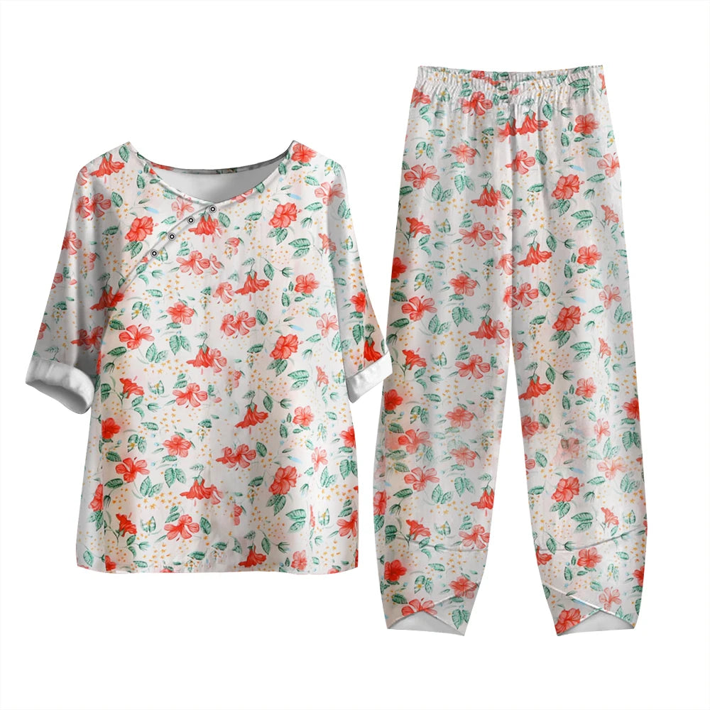 Harajuku Vintage Pattern Print 2pcs Top Pullover & Straight Pants Suit