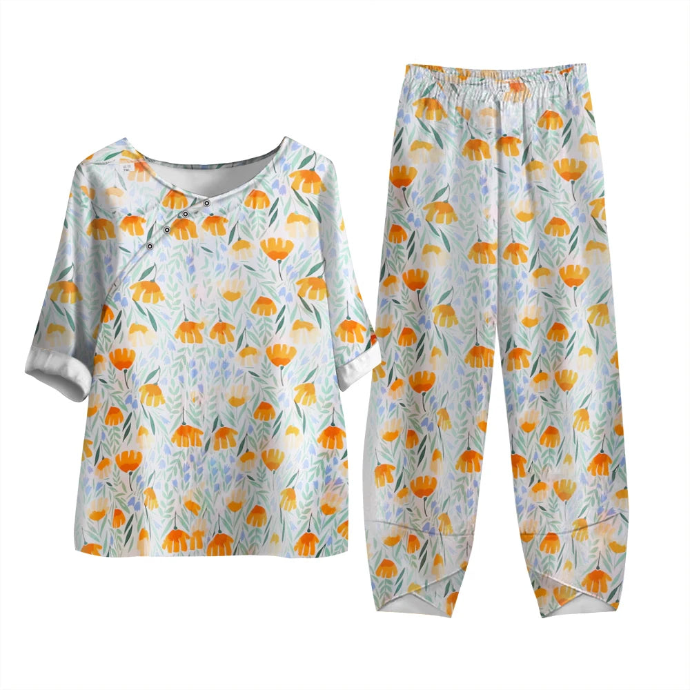Vintage Pattern Print 2pcs Outfits for Women