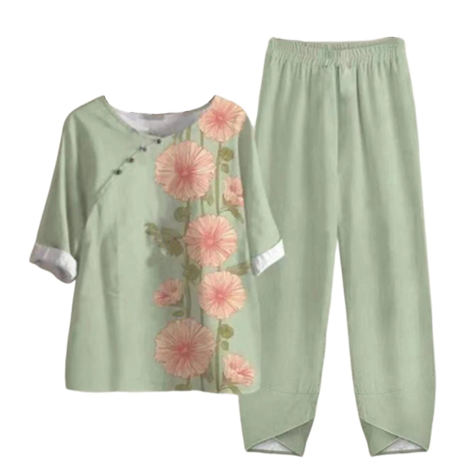 Harajuku Vintage Pattern Print 2pcs Top Pullover & Straight Pants Suit