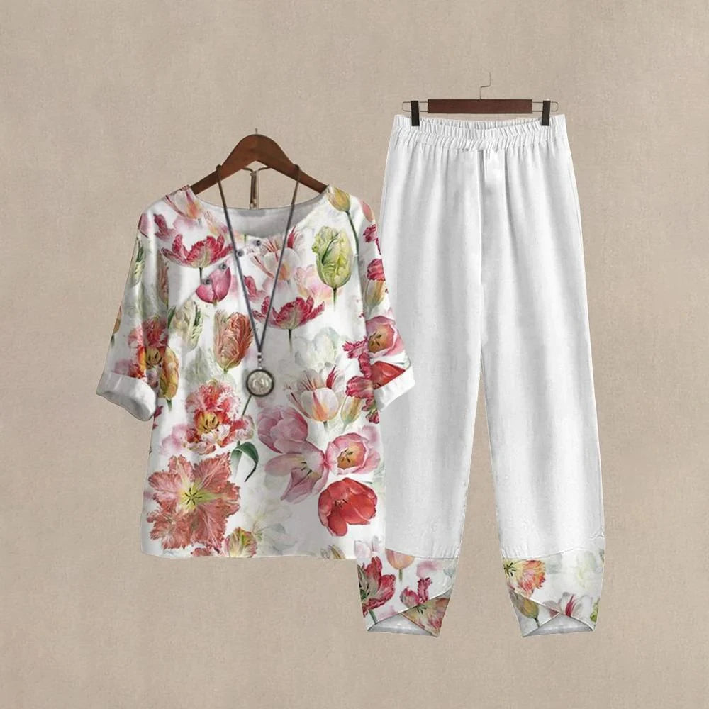 Harajuku Vintage Pattern Print 2pcs Top Pullover & Straight Pants Suit