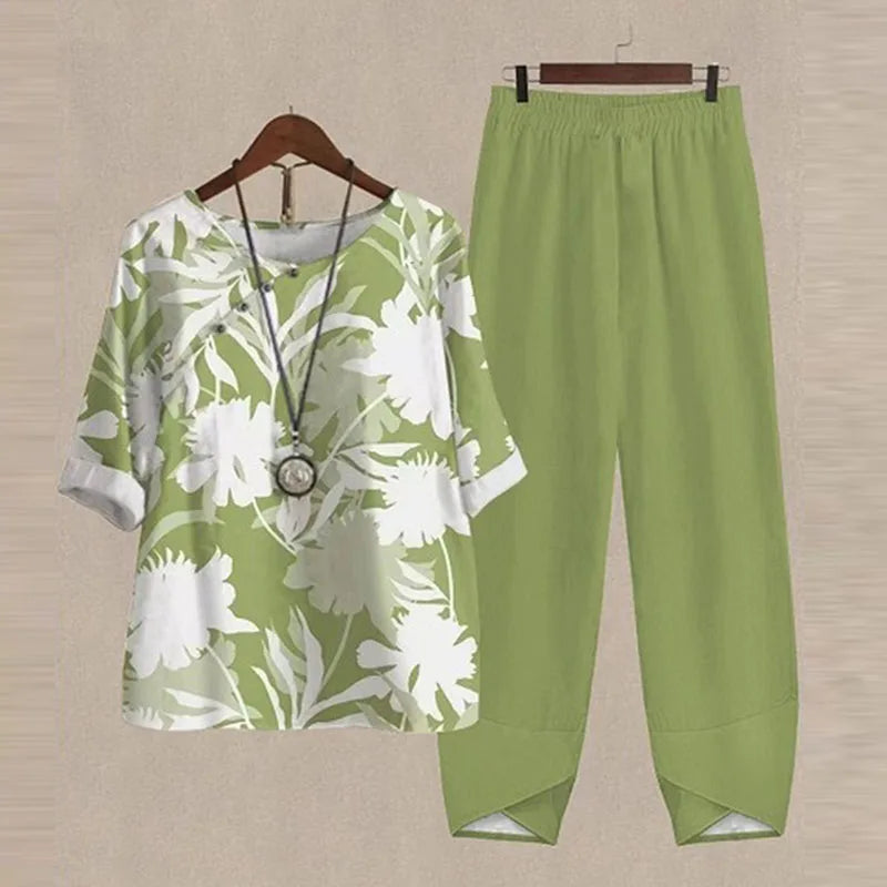 Harajuku Vintage Pattern Print 2pcs Top Pullover & Straight Pants Suit