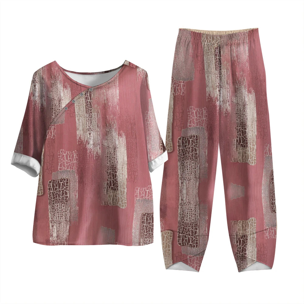 Harajuku Vintage Pattern Print 2pcs Top Pullover & Straight Pants Suit