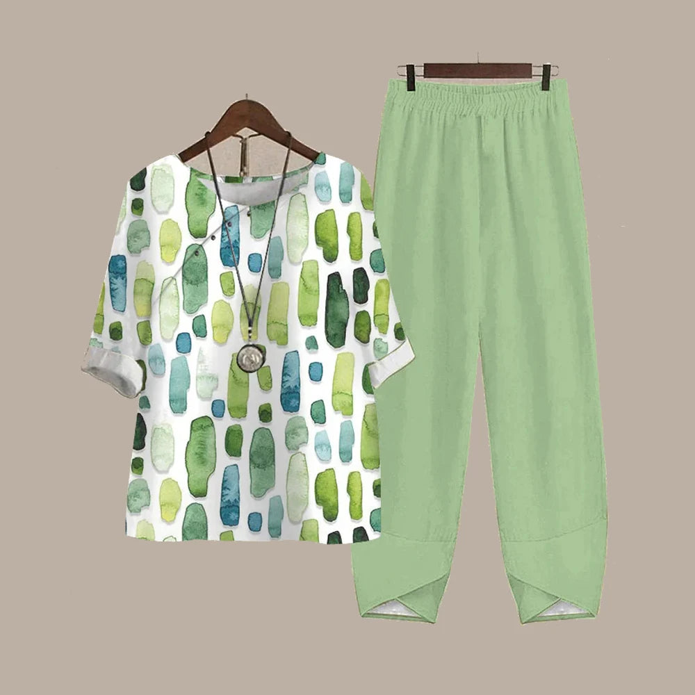 Harajuku Vintage Pattern Print 2pcs Top Pullover & Straight Pants Suit
