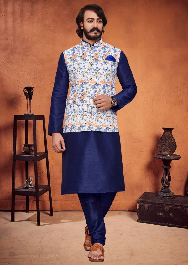 Cotti Wedding Wear Digital Printed Nehru Jacket And Matching Kurta Payjama Combo Set