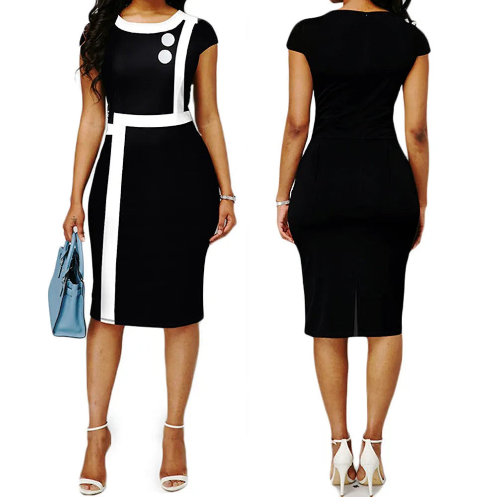 Elegant Patchwork Black White Dress Summer O-Neck Slim Office Lady Pencil Bodycon