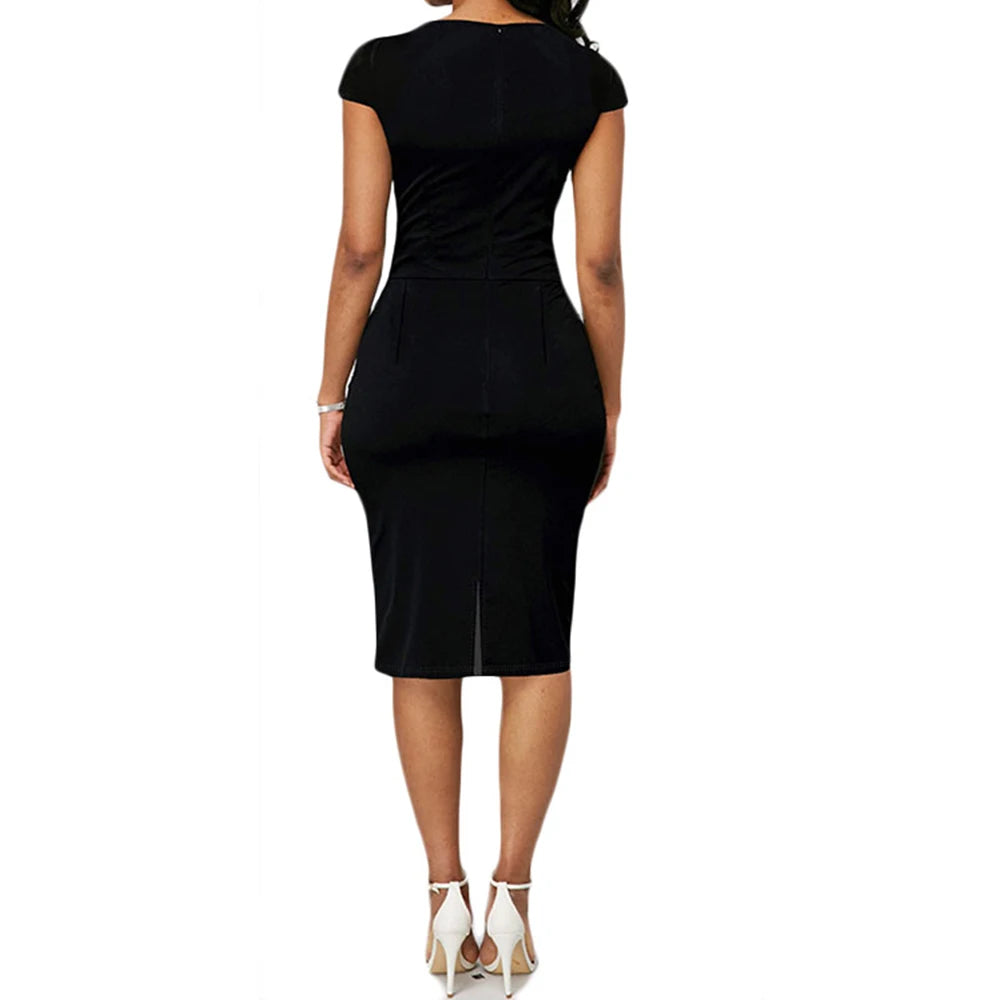 Elegant Patchwork Black White Dress Summer O-Neck Slim Office Lady Pencil Bodycon