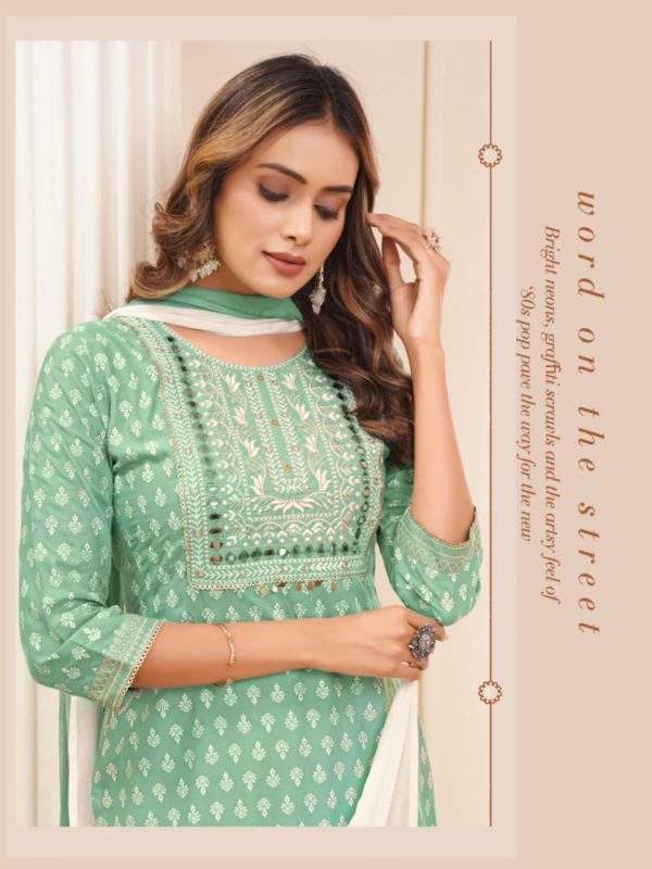 Designer Printed Kurti With Sequin Embroidery With Pants & Handwork & Embellishments With Heavy Dyed Chiffon Dupatta