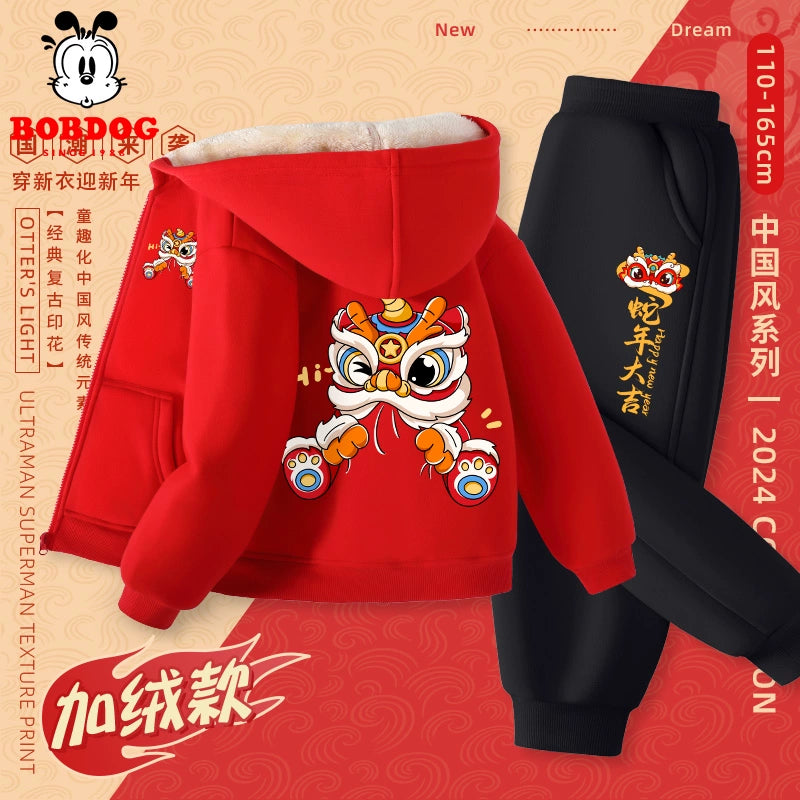 Red Autumn and Winter Girls Fleece-lined New Year Outwear