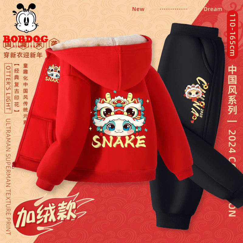 Red Autumn and Winter Girls Fleece-lined New Year Outwear