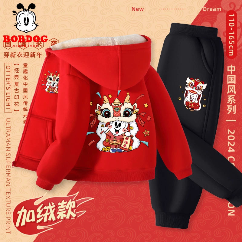 Red Autumn and Winter Girls Fleece-lined New Year Outwear