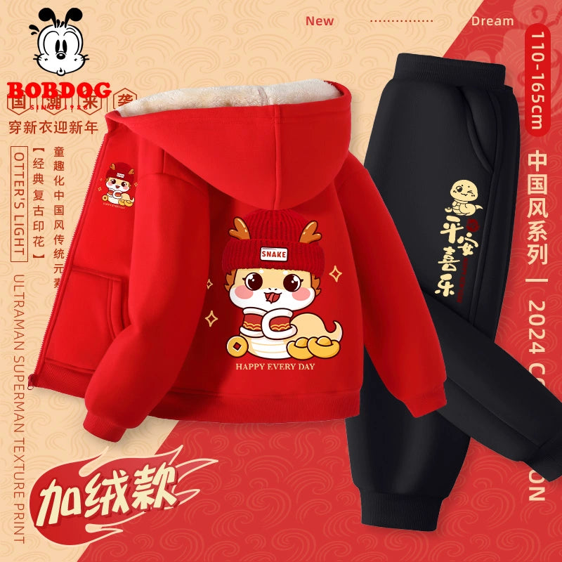 Red Autumn and Winter Girls Fleece-lined New Year Outwear