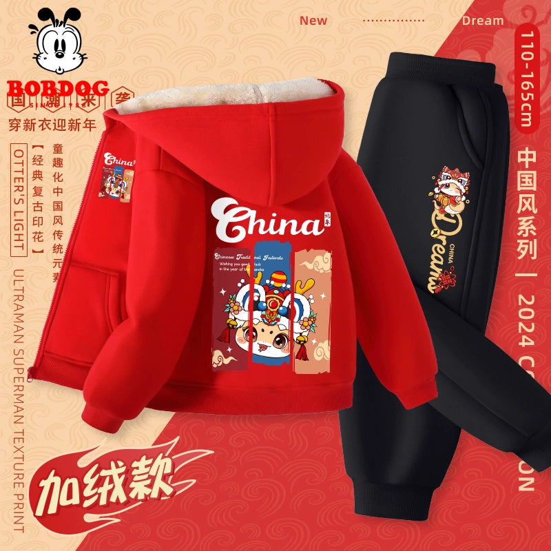 Red Autumn and Winter Girls Fleece-lined New Year Outwear