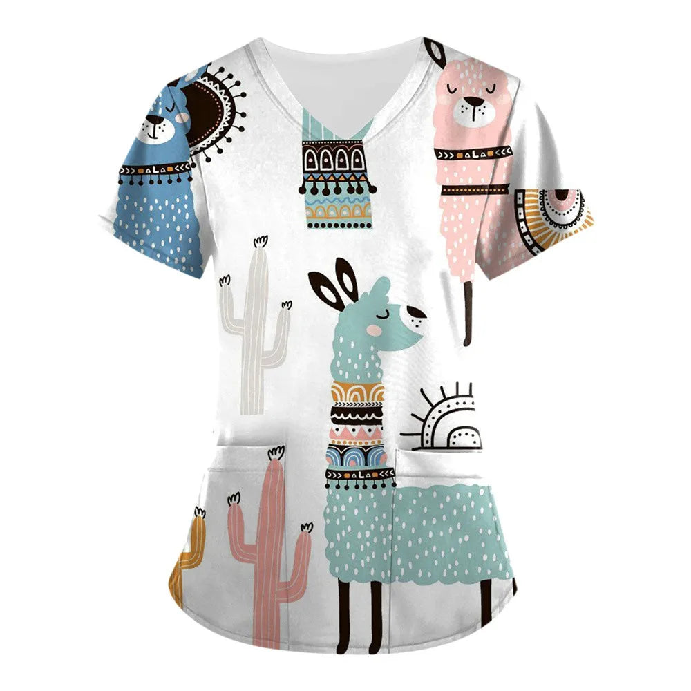 Medical Nursing Uniform Cute Animals Print V-Neck Short Sleeve T Shirt