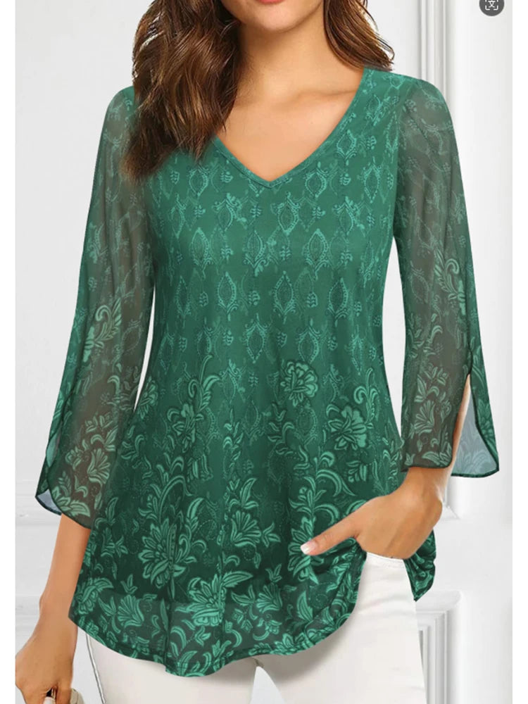 Women's Plus Size Shirt Dressy Green Ruffle 3/4 Sleeve V Neck Vintage Top