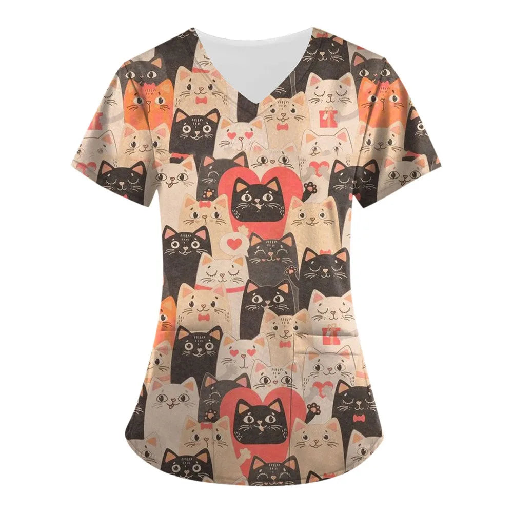 Medical Nursing Uniform Cute Animals Print V-Neck Short Sleeve T Shirt