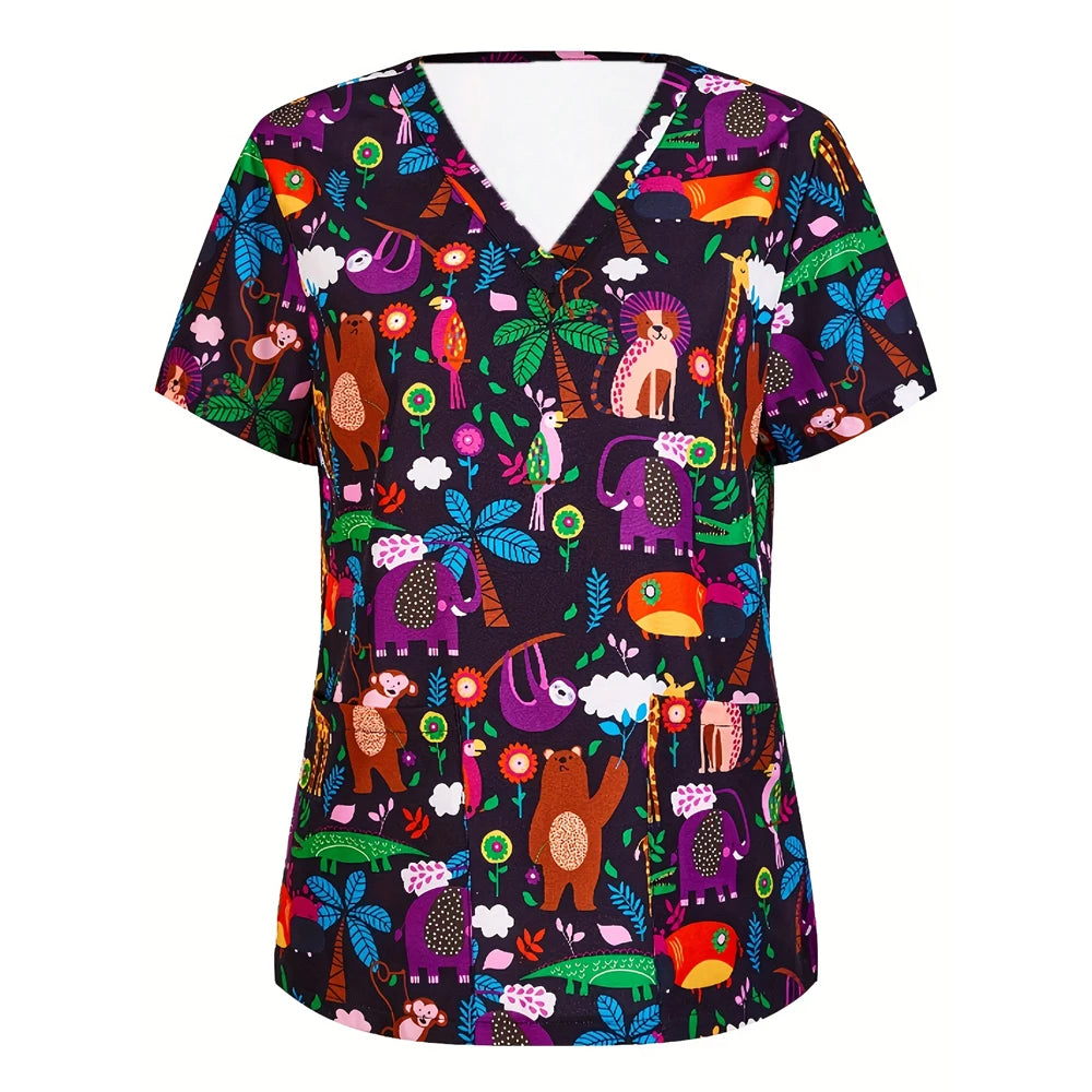 Medical Nursing Uniform Cute Animals Print V-Neck Short Sleeve T Shirt