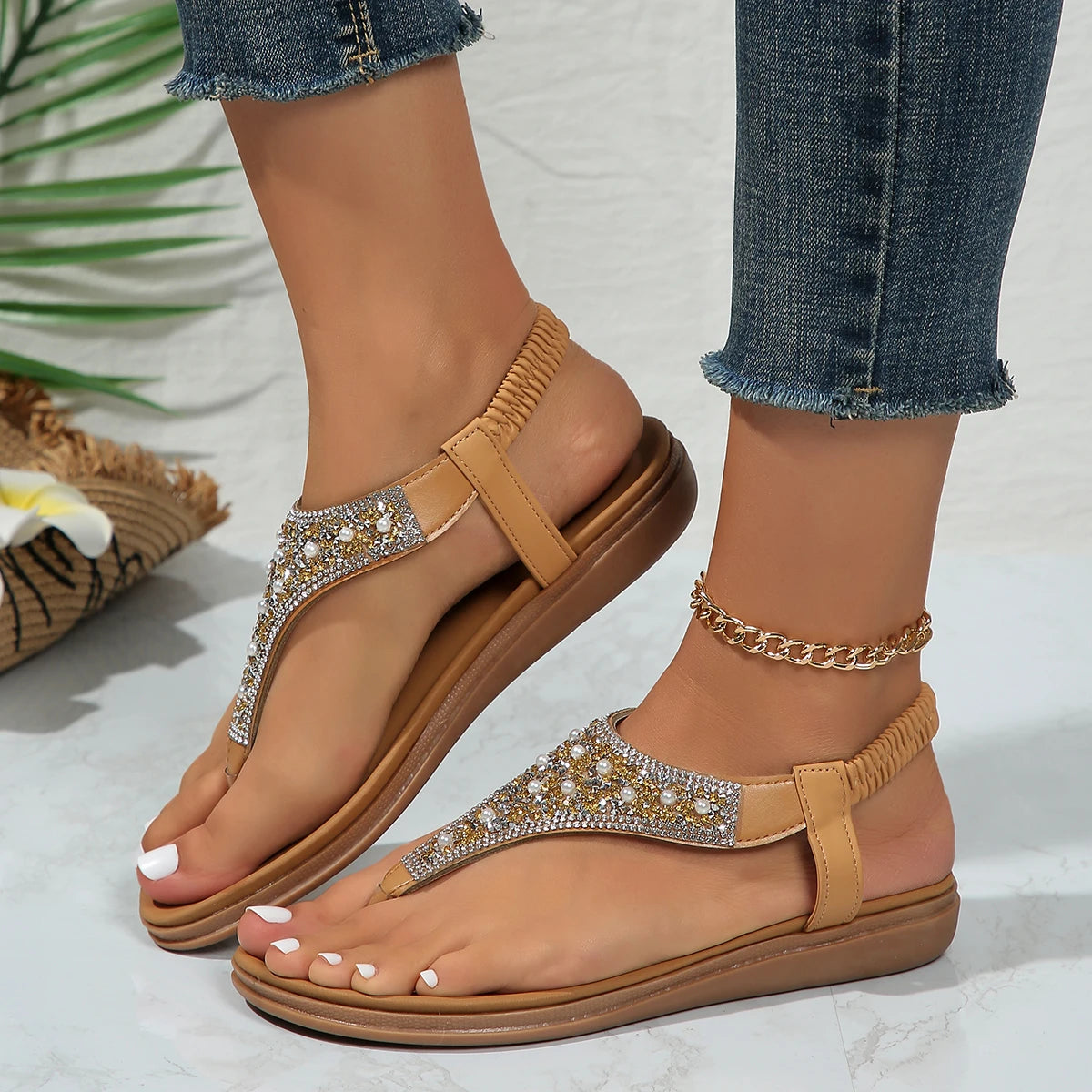 Toe Bohemian Style Sandals for Women Fashion Mix Color Pearl Rome Sandals