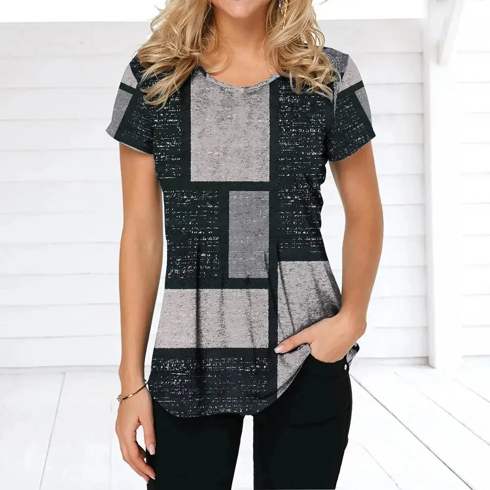 Women's T-shirt Plaid Print Tees Patchwork Clothes O Neck Short Sleeve Blouse