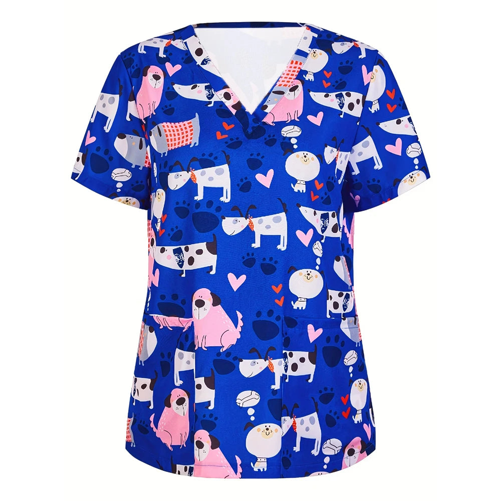 Medical Nursing Uniform Cute Animals Print V-Neck Short Sleeve T Shirt