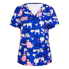 Medical Nursing Uniform Cute Animals Print V-Neck Short Sleeve T Shirt